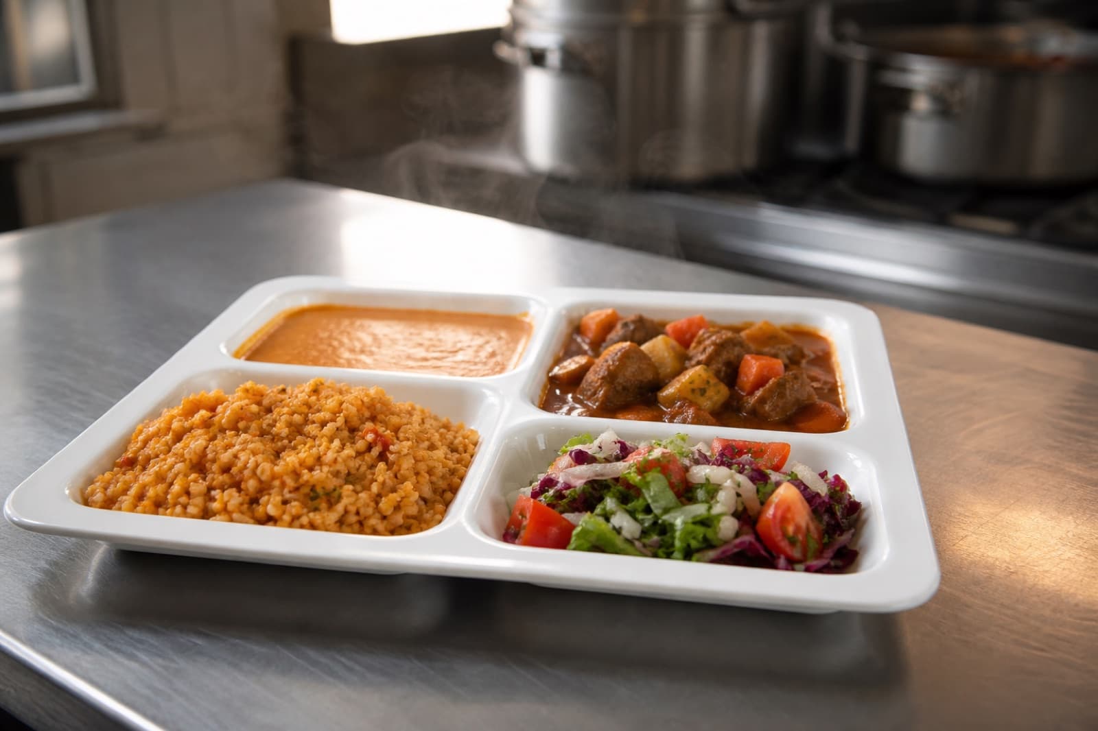 Dört bölmeli kurumsal yemek tepsisi: mercimek çorbası, etli sebze yemeği, bulgur pilavı ve mevsim salatası
