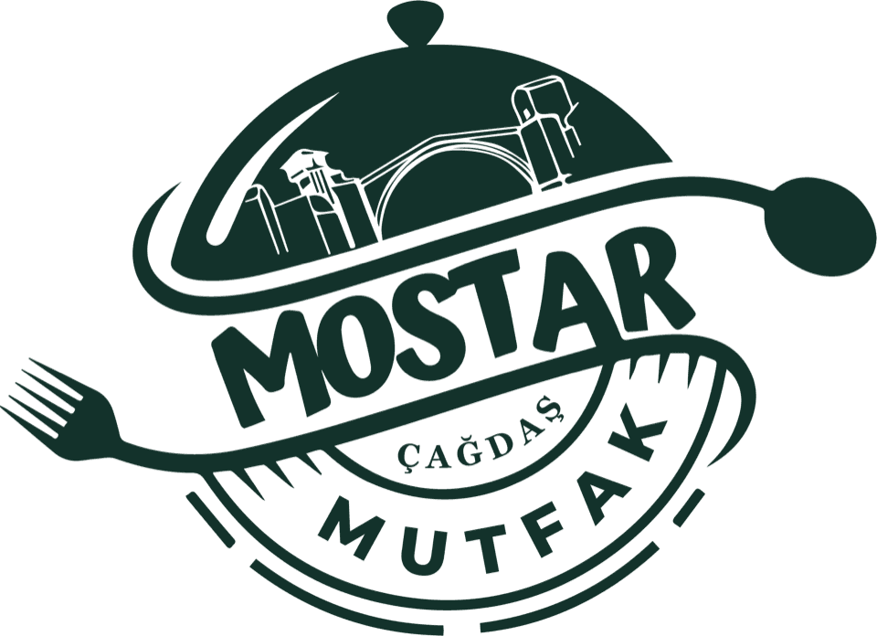 Mostar Çağdaş Mutfak logosu: servis kapağının içinde Mostar Köprüsü